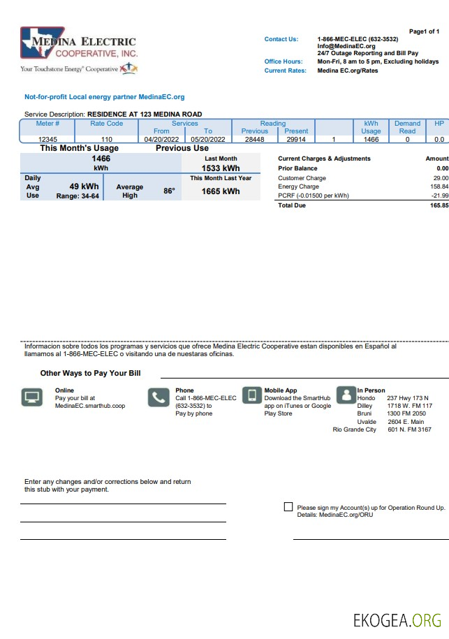 USA Texas Medina Electric utility bill template in Word and PDF format